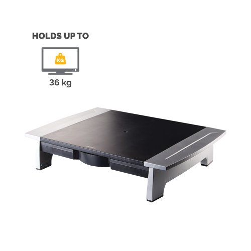 This Fellowes Office Suites Monitor Riser places your monitor at a comfortable viewing angle for ease of use and prevents aches and strains associated with computer use. Supports CRT or TFT monitors up to 36kg and features a storage drawer and space to stow laptop underneath for your convenience. This riser is height adjustable from 107 - 159mm, allowing you to customise your viewing angle to reduce neck strain. Work Better, Feel Better.