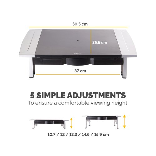 This Fellowes Office Suites Monitor Riser places your monitor at a comfortable viewing angle for ease of use and prevents aches and strains associated with computer use. Supports CRT or TFT monitors up to 36kg and features a storage drawer and space to stow laptop underneath for your convenience. This riser is height adjustable from 107 - 159mm, allowing you to customise your viewing angle to reduce neck strain. Work Better, Feel Better.