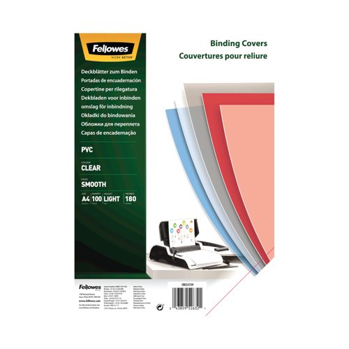 Fellowes Recycled A4 PVC Binding Covers Clear 180 Micron (Pack of 100) 5375901