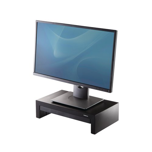 BB52804 | This Fellowes Designer Suites Monitor Riser is suitable for LCD/TFT monitors and features 3 height adjustments from 110mm to 150mm. The riser also features a handy dedicated drawer for accessories and has a maximum weight capacity of 18kg. This pack contains 1 monitor riser in black.