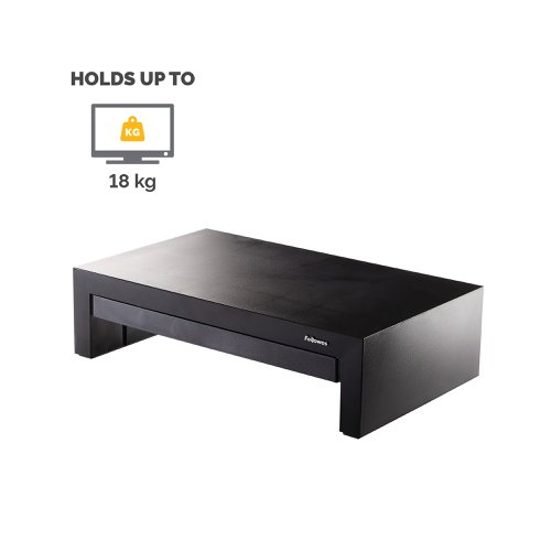 BB52804 | This Fellowes Designer Suites Monitor Riser is suitable for LCD/TFT monitors and features 3 height adjustments from 110mm to 150mm. The riser also features a handy dedicated drawer for accessories and has a maximum weight capacity of 18kg. This pack contains 1 monitor riser in black.