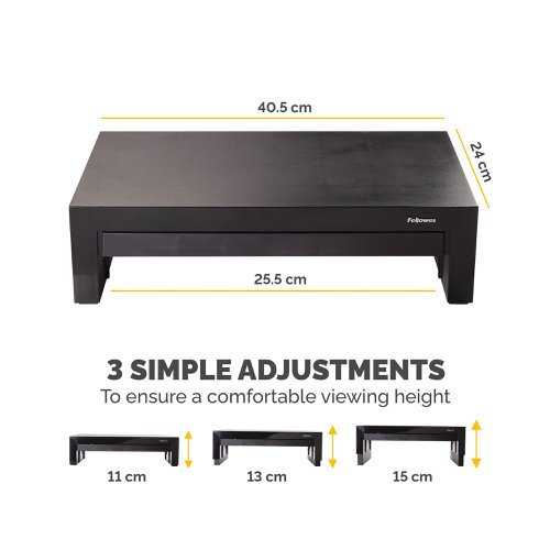 BB52804 | This Fellowes Designer Suites Monitor Riser is suitable for LCD/TFT monitors and features 3 height adjustments from 110mm to 150mm. The riser also features a handy dedicated drawer for accessories and has a maximum weight capacity of 18kg. This pack contains 1 monitor riser in black.