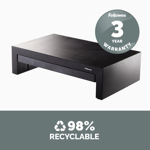 BB52804 | This Fellowes Designer Suites Monitor Riser is suitable for LCD/TFT monitors and features 3 height adjustments from 110mm to 150mm. The riser also features a handy dedicated drawer for accessories and has a maximum weight capacity of 18kg. This pack contains 1 monitor riser in black.