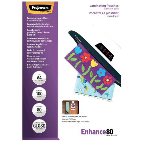 Fellowes Enhance80 Self Adhesive Laminating Pouch A4 160 Micron Total Gloss (Pack of 100) 53022