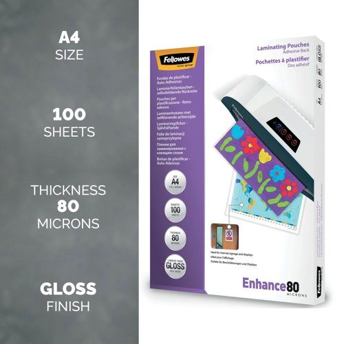 Fellowes Enhance80 Self Adhesive Laminating Pouch A4 160 Micron Total Gloss (Pack of 100) 53022