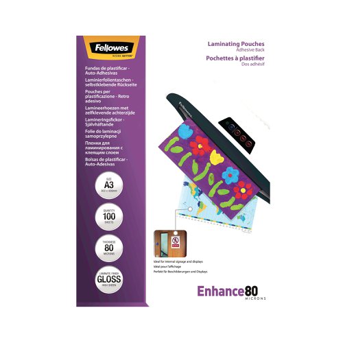 Fellowes Enhance80 Self Adhesive Laminating Pouch A3 160 Micron Total Gloss (Pack of 100) 5302302