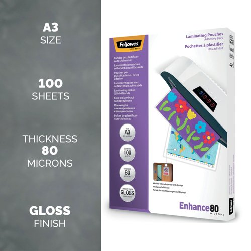 Fellowes Enhance80 Self Adhesive Laminating Pouch A3 160 Micron Total Gloss (Pack of 100) 5302302