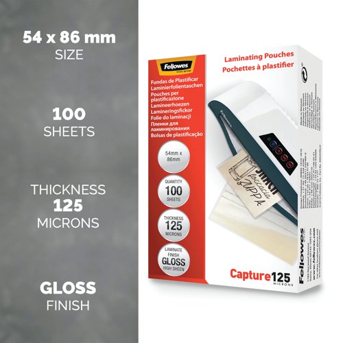 Fellowes 54x86mm Capture Gloss Laminating Pouches 250 Micron (Pack of 100) 53063