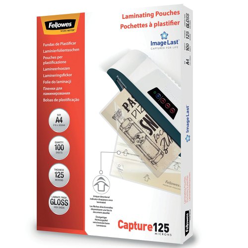 Fellowes Capture Laminating Pouch A4 250 Micron Total Thickness Gloss (Pack of 100) 5307401