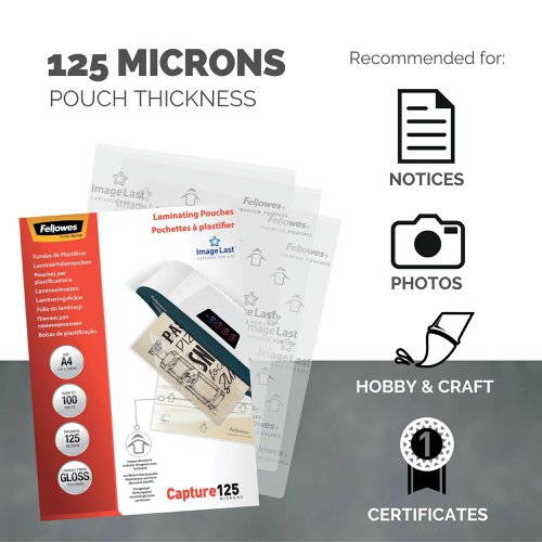 Fellowes Capture Laminating Pouch A4 250 Micron Total Thickness Gloss (Pack of 100) 5307401