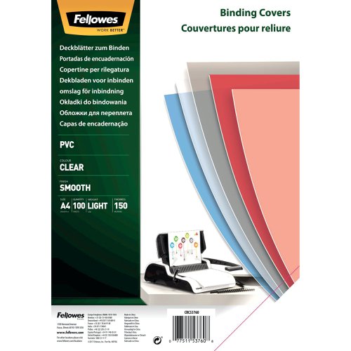 Fellowes Clear PVC Covers for Wire and Com Binding Machines 150 Micron (Pack of 100) 5376001