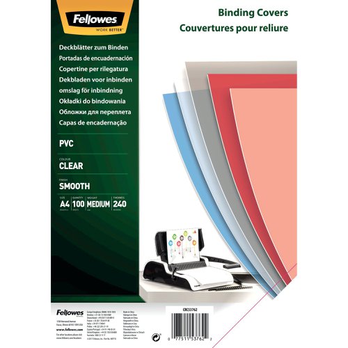 Fellowes Clear PVC Covers for Wire and Com Binding Machines 240 Micron (Pack of 100) 53762