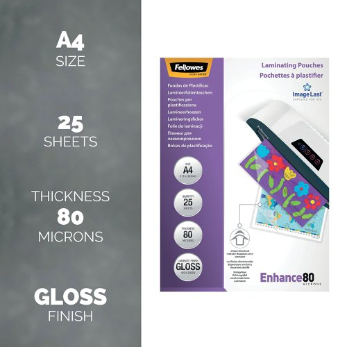 Fellowes Enhance Laminating Pouch A4 160 Micron Total Thickness Gloss (Pack of 25) 53962 | Fellowes