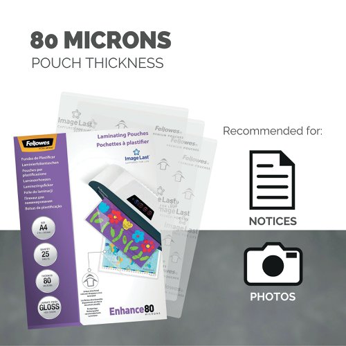 Fellowes Enhance Laminating Pouch A4 160 Micron Total Thickness Gloss (Pack of 25) 53962 | Fellowes