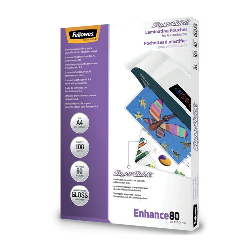 Fellowes SuperQuick Laminating Pouch A4 160 Micron Total Thickness Gloss (Pack of 100) 5440001