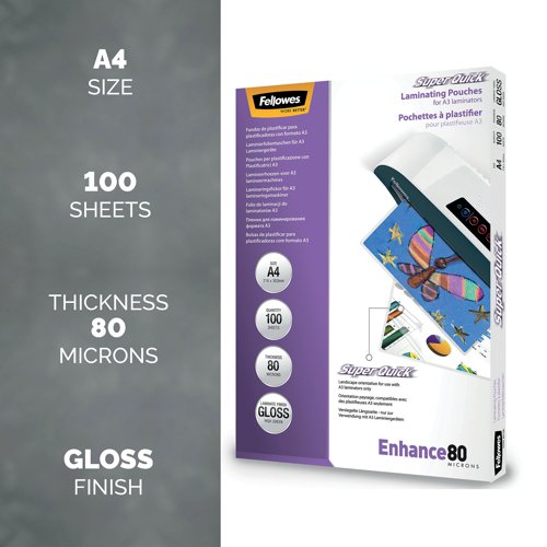 Fellowes SuperQuick Laminating Pouch A4 160 Micron Total Thickness Gloss (Pack of 100) 5440001