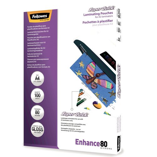 Fellowes SuperQuick Laminating Pouch A4 160 Micron Total Thickness Gloss (Pack of 100) 5440001