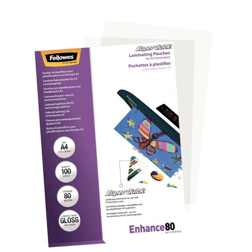 Fellowes SuperQuick Laminating Pouch A4 160 Micron Total Thickness Gloss (Pack of 100) 5440001