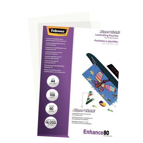 Fellowes SuperQuick Laminating Pouch A4 160 Micron Total Thickness Gloss (Pack of 100) 5440001