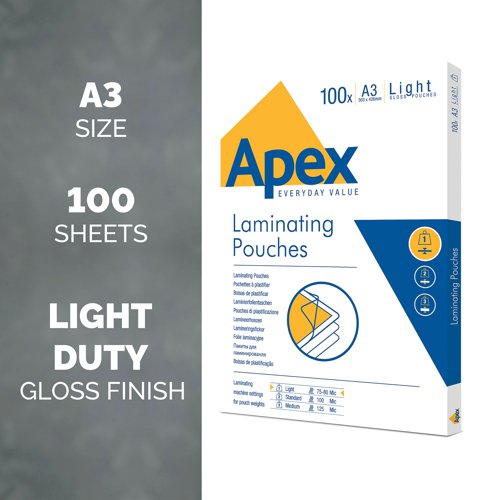 Fellowes Apex A3 Light Laminating Pouches Clear (Pack of 100) 6001901