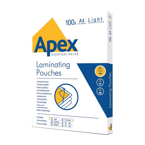 A4 Fellowes Apex Light Laminating Pouches Clear (Pack of 100) 6003201.  150 micron Total ( 2 x 75 micron )