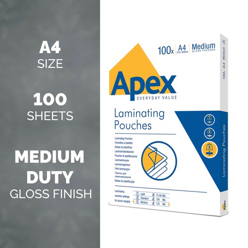 Fellowes Apex A4 Medium Laminating Pouches Clear (Pack of 100) 6003501.  250 imicron in total  ( 2x125 micron )