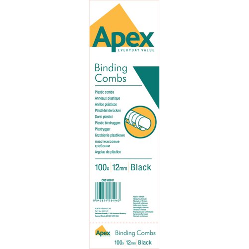 Fellowes Apex Plastic Binding Combs 12mm Black (Pack of 100) 6201101