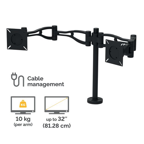 BB62971 | This Fellowes Professional Series Dual Monitor arm can hold 2 monitors up to 24 inches and has a maximum weight capacity of 10kg. The arm is adjustable for optimum viewing comfort and features an integrated cable management system for organisation. The dual monitor arm can be mounted using a clamp or grommet.