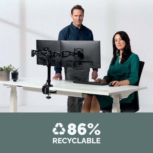 BB62971 | This Fellowes Professional Series Dual Monitor arm can hold 2 monitors up to 24 inches and has a maximum weight capacity of 10kg. The arm is adjustable for optimum viewing comfort and features an integrated cable management system for organisation. The dual monitor arm can be mounted using a clamp or grommet.