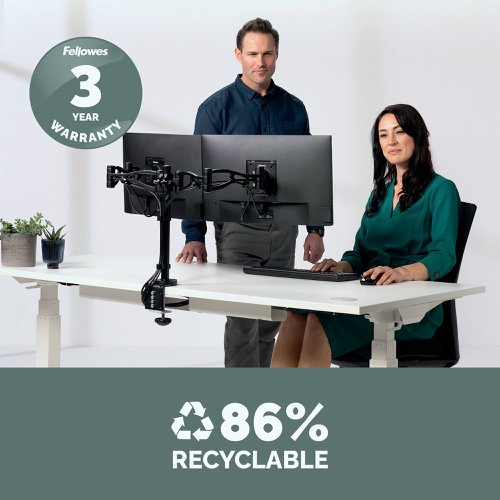 BB62971 | This Fellowes Professional Series Dual Monitor arm can hold 2 monitors up to 24 inches and has a maximum weight capacity of 10kg. The arm is adjustable for optimum viewing comfort and features an integrated cable management system for organisation. The dual monitor arm can be mounted using a clamp or grommet.