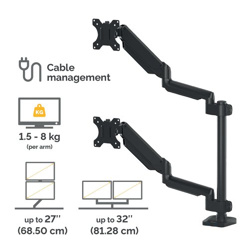 BB72797 | This premium Fellowes Platinum Series Monitor Arm features fully independent dual arms with innovative gas spring technology for easy adjustment. Each arm can hold a monitor up to 27 inches and has a maximum weight capacity of 10kg. The monitor arm also features 2 USB ports in the base and integrated cable management for organisation. The vertical stacking design is ideal for space saving use and the arm can be mounted using a clamp or grommet.