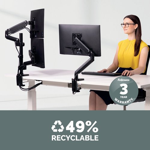 BB72797 | This premium Fellowes Platinum Series Monitor Arm features fully independent dual arms with innovative gas spring technology for easy adjustment. Each arm can hold a monitor up to 27 inches and has a maximum weight capacity of 10kg. The monitor arm also features 2 USB ports in the base and integrated cable management for organisation. The vertical stacking design is ideal for space saving use and the arm can be mounted using a clamp or grommet.