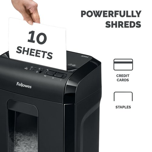 For secure disposal of sheets and documents, the Fellowes 10M Micro-Cut Shredder has got you covered. With the ability to shred to shred 10 sheets of paper into 2x12mm particles for a security level of P-5. The 10M is capable of nonstop shredding for up to 10 minutes and can handle staples and credit cards with ease. Avoid accidental activation thanks to the inbuilt Safety Lock, and a 19 litre pull out bin allows for easy disposal of wastepaper shredding.