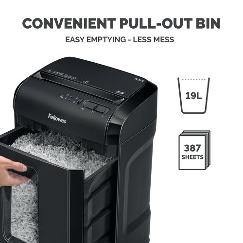 For secure disposal of sheets and documents, the Fellowes 10M Micro-Cut Shredder has got you covered. With the ability to shred to shred 10 sheets of paper into 2x12mm particles for a security level of P-5. The 10M is capable of nonstop shredding for up to 10 minutes and can handle staples and credit cards with ease. Avoid accidental activation thanks to the inbuilt Safety Lock, and a 19 litre pull out bin allows for easy disposal of wastepaper shredding.