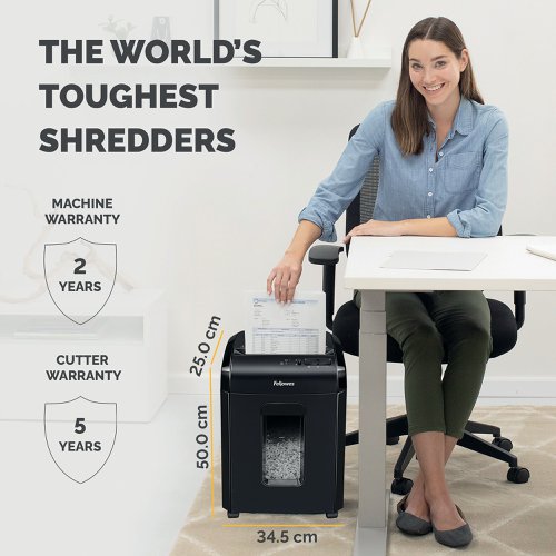 For secure disposal of sheets and documents, the Fellowes 10M Micro-Cut Shredder has got you covered. With the ability to shred to shred 10 sheets of paper into 2x12mm particles for a security level of P-5. The 10M is capable of nonstop shredding for up to 10 minutes and can handle staples and credit cards with ease. Avoid accidental activation thanks to the inbuilt Safety Lock, and a 19 litre pull out bin allows for easy disposal of wastepaper shredding.