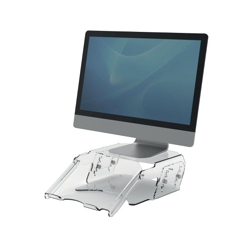 BB75270 | Ensure your monitor is at a comfortable viewing level and with the Fellowes Clarity Adjustable Monitor Riser. With five height adjustments allowing you to optimise your user experience, this minimalistic and exceptionally high-quality acrylic monitor riser supports monitors that weigh up to 10kg.