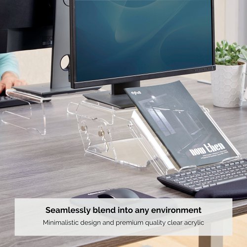 BB75270 | Ensure your monitor is at a comfortable viewing level and with the Fellowes Clarity Adjustable Monitor Riser. With five height adjustments allowing you to optimise your user experience, this minimalistic and exceptionally high-quality acrylic monitor riser supports monitors that weigh up to 10kg.