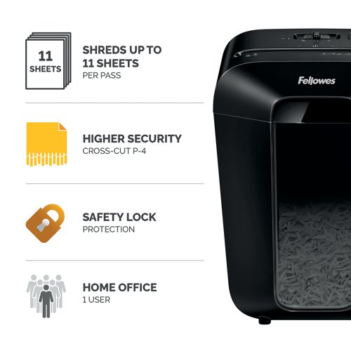 The Fellowes Powershred LX70 Cross-Cut Shredder is ideal for medium use in home and office environments. It can shred 11 sheets at a time into 4x40mm cross-cut particles. Patented Safety Lock disables the shredder for added safety protection. The LX70 shredder will shred continuously for up to 5 minutes before requiring a 30 minutes cool down period. The shredder bin has a 18 litre capacity with a lift-off head.