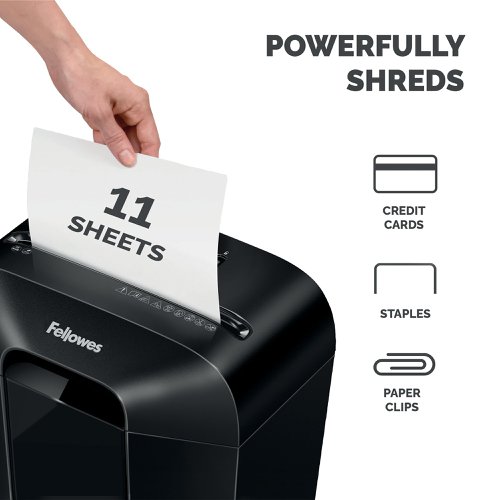 The Fellowes Powershred LX70 Cross-Cut Shredder is ideal for medium use in home and office environments. It can shred 11 sheets at a time into 4x40mm cross-cut particles. Patented Safety Lock disables the shredder for added safety protection. The LX70 shredder will shred continuously for up to 5 minutes before requiring a 30 minutes cool down period. The shredder bin has a 18 litre capacity with a lift-off head.