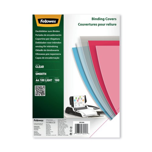 Fellowes Binding Covers for Comb and Wire Binding Machines A4 180 Mic Clear PET (Pack 100) 5384601