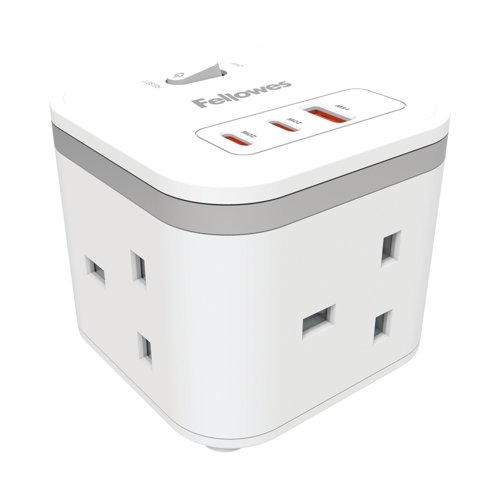 Fellowes Power Cube Type G UK/IE 3 Sockets 1 USB-A + 2 USB-C Ports White 100137166