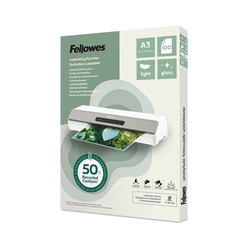 Fellowes Recycled A3 Laminating Pouches Gloss 80 Micron (Pack of 100) 100142988