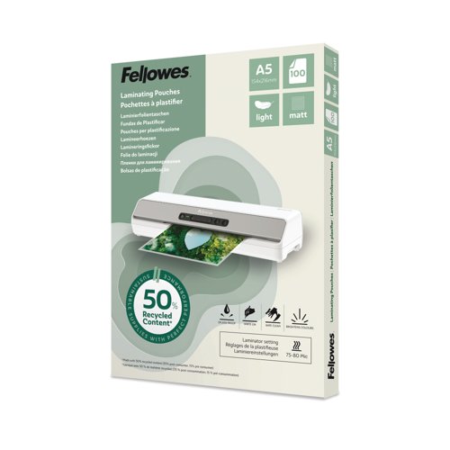 Fellowes Recycled A5 Laminating Pouches Matt 80 Micron (Pack of 100) 100143437