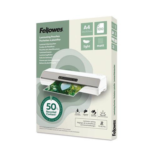 Fellowes Recycled A4 Laminating Pouches Matt 80 Micron (Pack of 100) 100143435