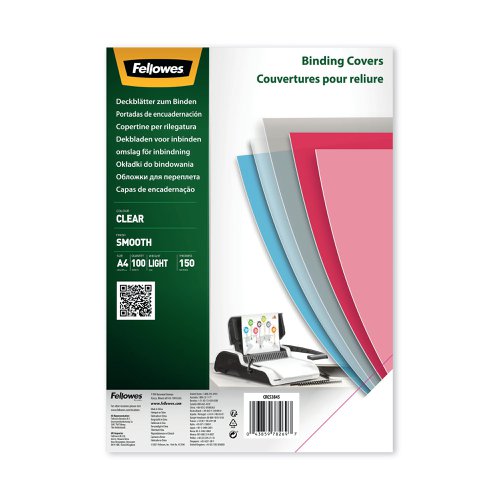 Fellowes Binding Covers for Comb and Wire Binding Machines A4 150 Mic Clear PET (Pack 100) 5384501