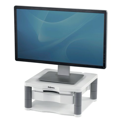 Fellowes Premium Monitor Riser Plus with Storage Drawer and Built In Copyholder White 9171302 | Fellowes