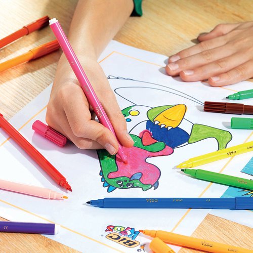 Ideal for classroom use, these Bic Kids Visa Felt Pens feature a fine tip for drawing and colouring. The pens contains water based ink, which is washable from most fabrics. This jumbo pack contains 288 felt pens in vibrant assorted colours.