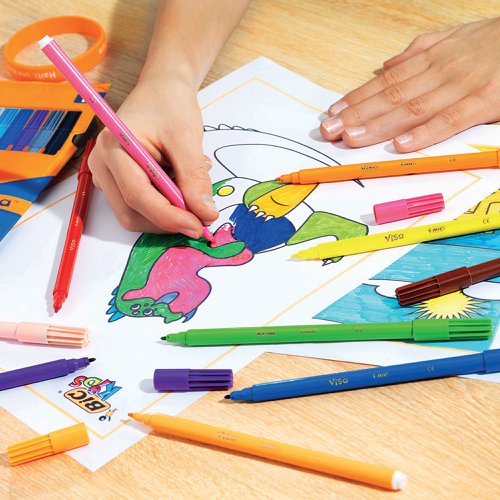 Ideal for classroom use, these Bic Kids Visa Felt Pens feature a fine tip for drawing and colouring. The pens contains water based ink, which is washable from most fabrics. This jumbo pack contains 288 felt pens in vibrant assorted colours.