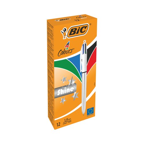 Bic 4 Colours Shine Ballpoint Silver Barrel Pack of 12 3086123343979
