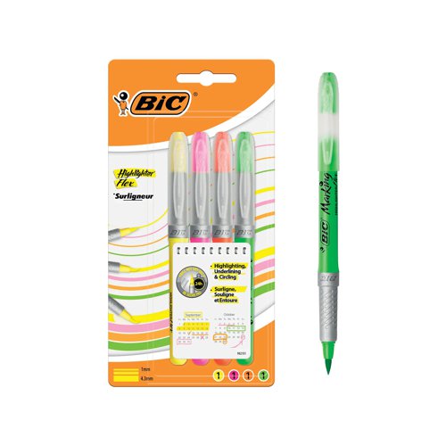 Bic Highlighter Flex Brush Tip Assorted Colours (Pack of 4) 942041